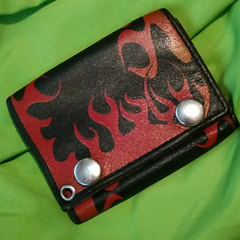 Nice leather fire red  black biker trifold wallet